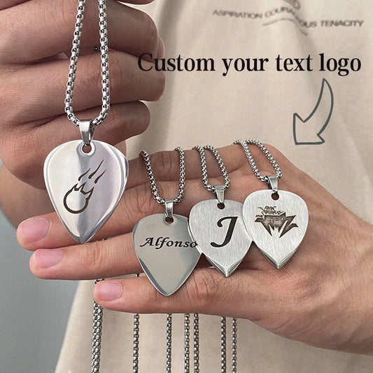 WLP Fashion Guitar Pick Personalized Pendant Stainless Steel Necklace for Men Women Custom Text Pattern Collar Necklace Jewelry