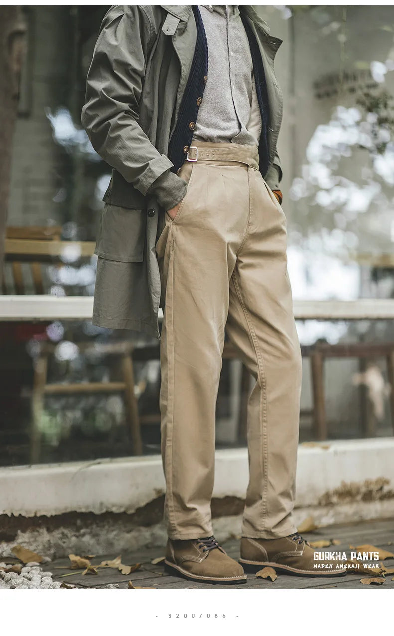 Maden Vintage Khaki Gurkha Pants Adjustable High Waist Casual Cargo Work Pants Classic Straight Trousers Men's Spring and Fall