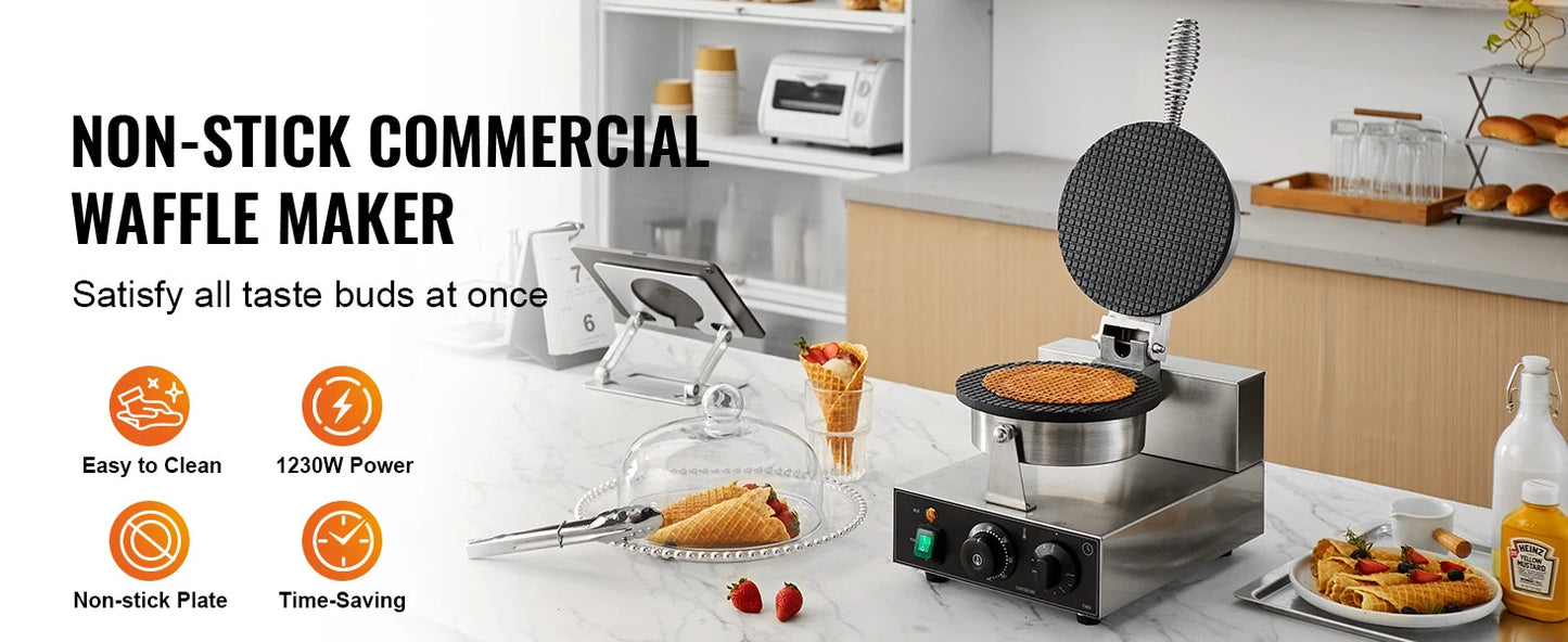 SucceBuy Electric Ice Cream Cone Maker Commercial Non-Stick Stainless Steel Egg Roll Mold with Temperature and Time Control