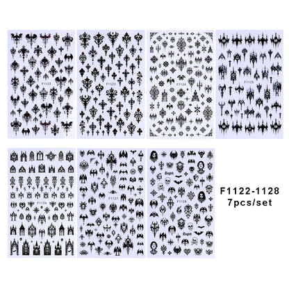 7/8pcs 3D Gothic Black Halloween Nail Stickers Cool Design Alphabet Letter Lace Castle Skull Y2K Manicure Decoration Accessories