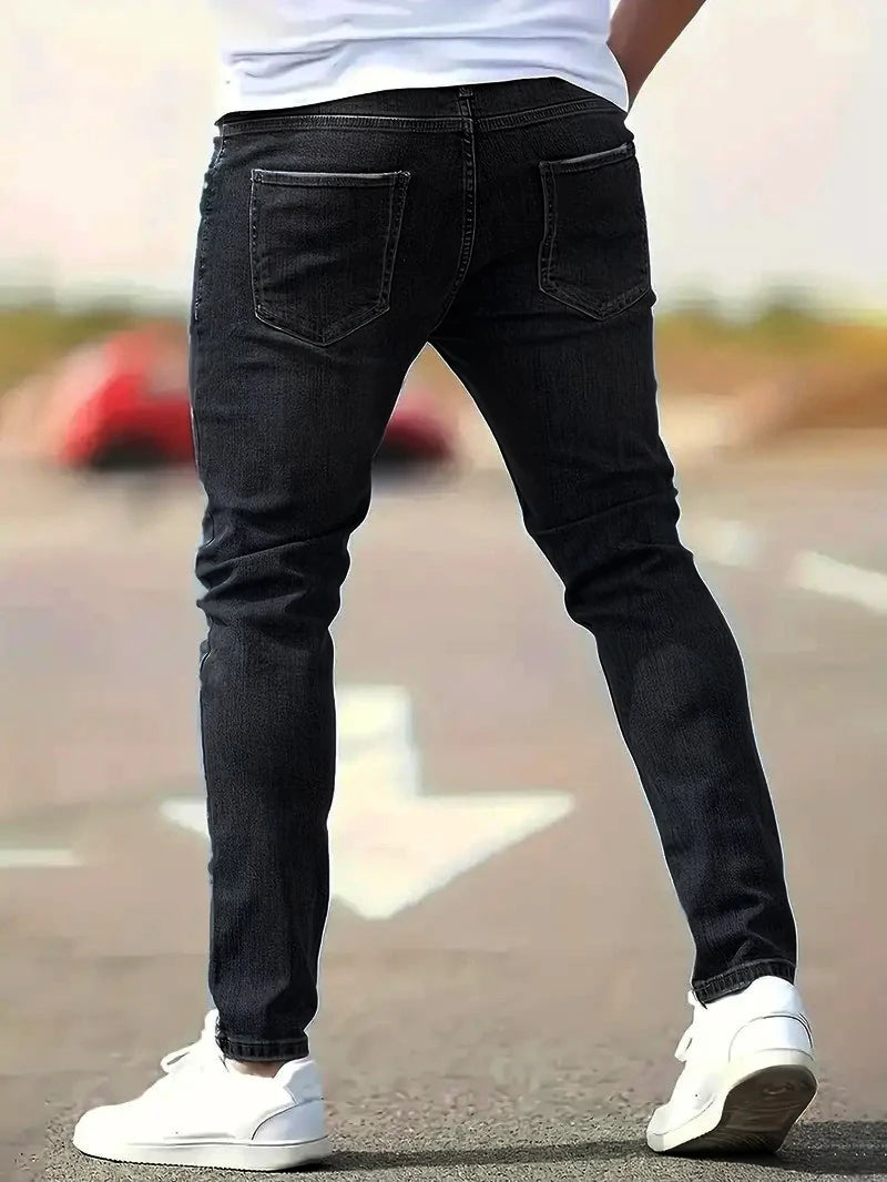 Men's American Retro Hole-Punched Stretch Slim Fit Jeans Zipper Casual Streetwear Denim Pants Classic Black Blue Skinny Trousers