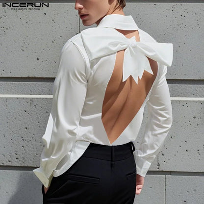 INCERUN Fashion New Men's Tops Backless Bow Design Shirt Sexy Casual Male Solid Comfortable Long Sleeved Lapel Blouse S-5XL 2025