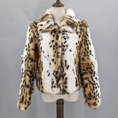 Women Real Rabbit Fur Coat High Collar Winter Jacket Make of One Rabbit Fur Cross Mink Pattern