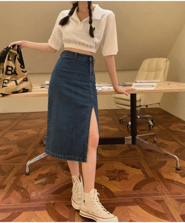 Korean Style Slim Bodycon Blue Skirts For Women 2026 Spring Summer New High Waist Split Denim Midi Skirt