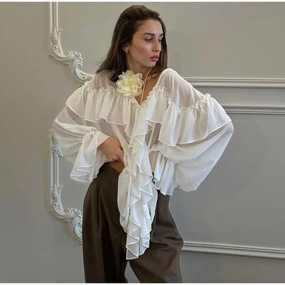 Sexy See-through Chiffon Top V-neck Long Sleeve Beach Party Shirt Trans-seasonal Women's Low Cut Shirt Ruffle Solid Color Tops