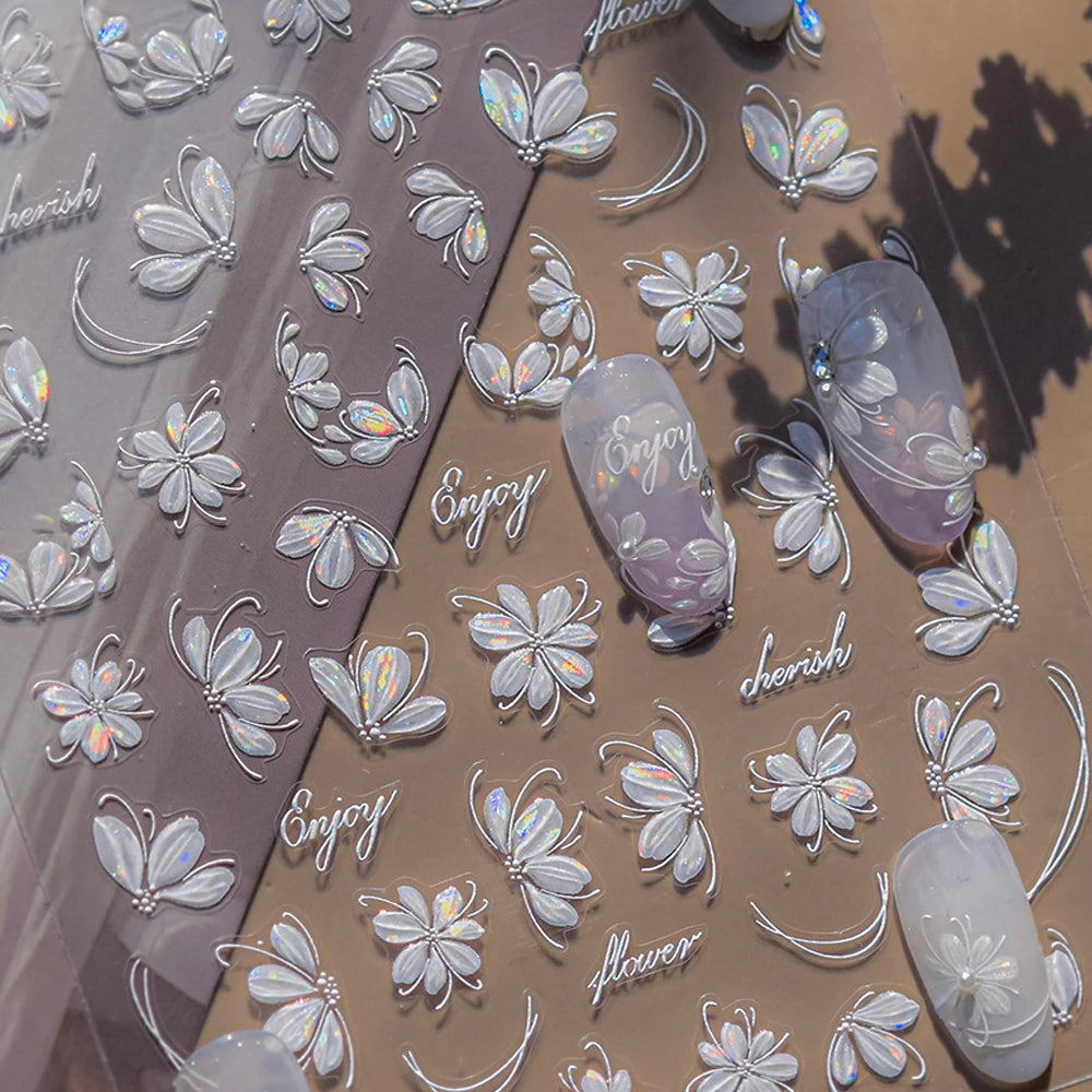 White Flower Petal Cherry Blossom Peach Blossom Falling Petal Floral Gradient 5D Self Adhesive Nail Art Sticker Manicure Decals