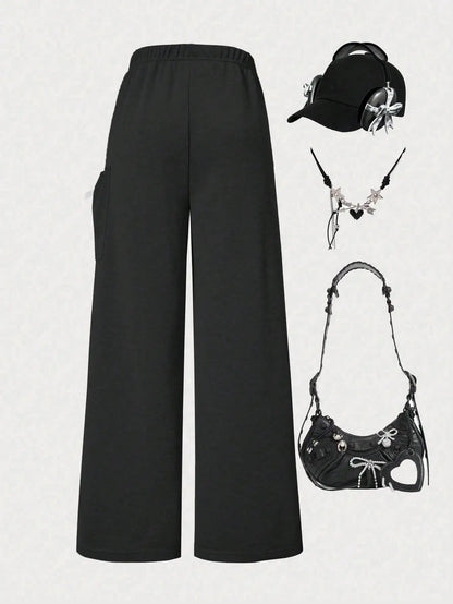 Girls' fashion casual trousers, girls' spring, summer, autumn and winter loose straight-leg pants with a kitten pocket design