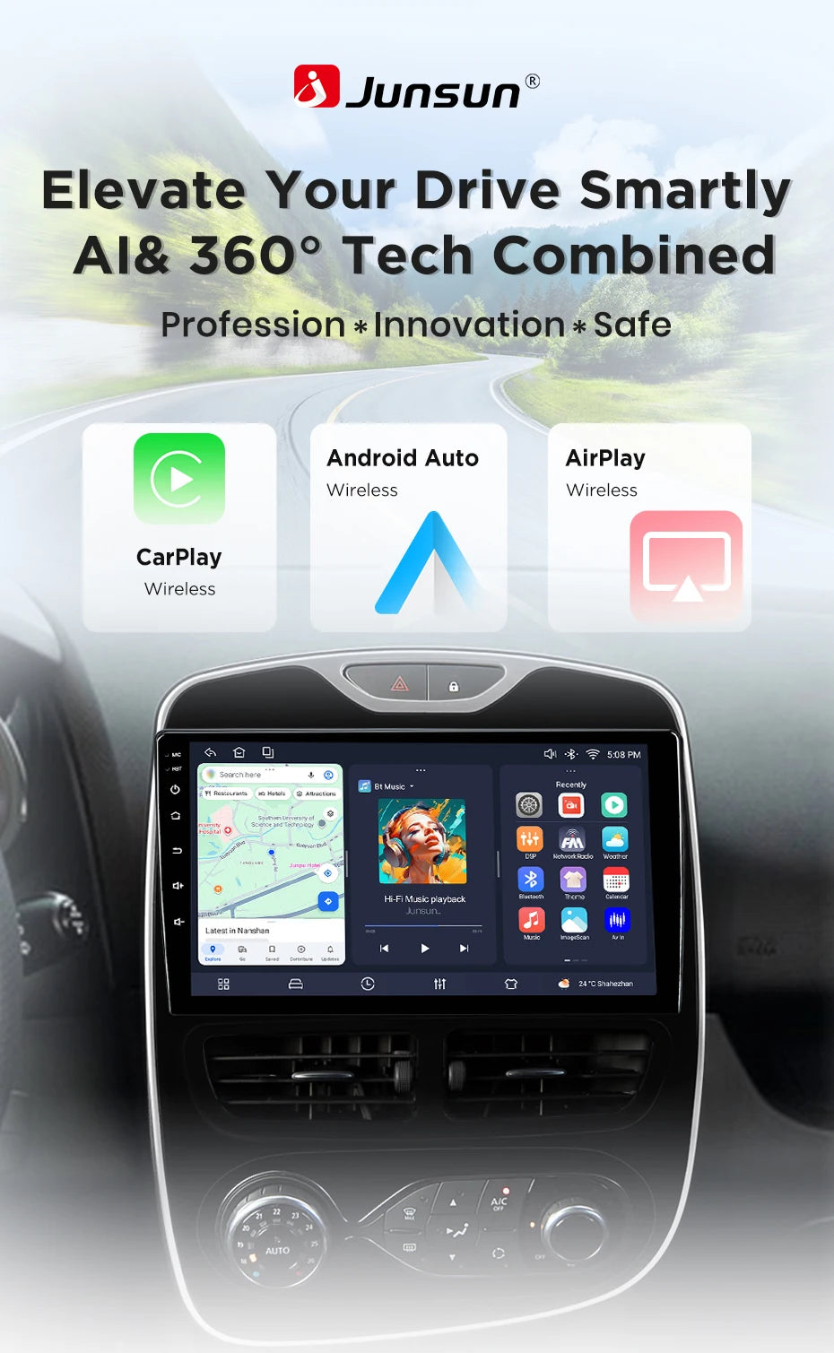 Junsun Wireless CarPlay Android Auto Car Radio for Renault Clio 4 2012- 2017 2 DIN Multimedia Stereo with Built-in Cooling Fan GPS Navigation SWC Bluetooth FM RDS DSP IPS Screen Car Intelligent Systems 4G WiFi 8 Core