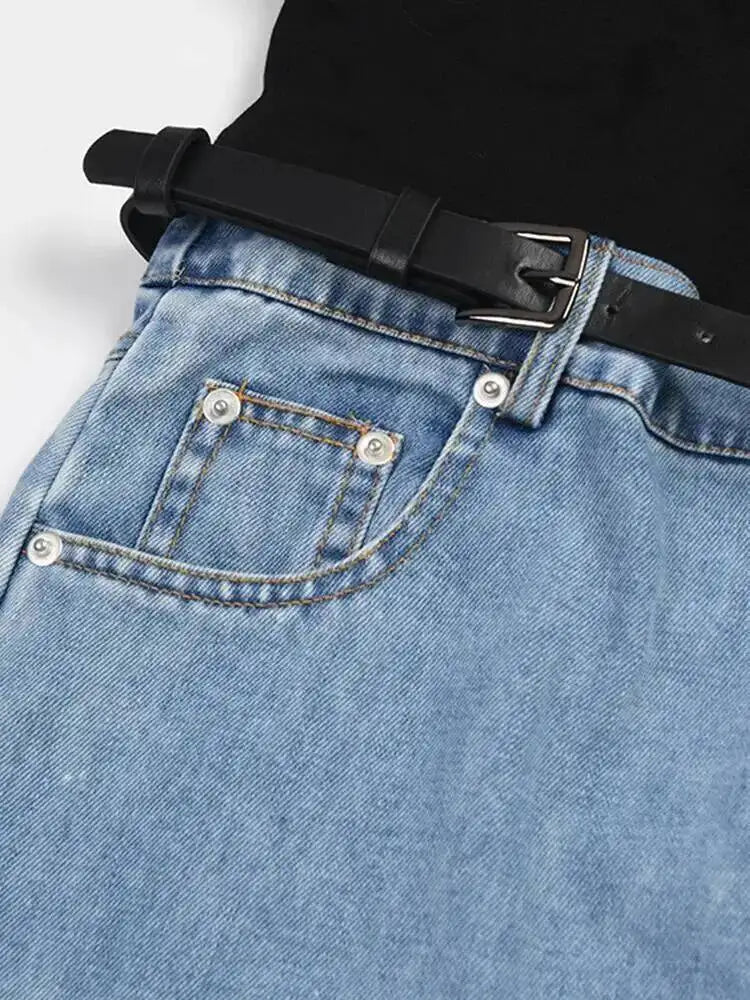 LGRQ Denim Patchwork Pants For Women Fashion New High Waist Contrast Color Belt Straight Pant Female 2026 Summer New 17A2013H