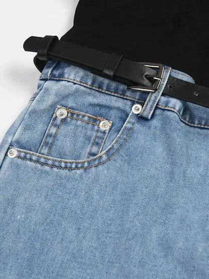 LGRQ Denim Patchwork Pants For Women Fashion New High Waist Contrast Color Belt Straight Pant Female 2026 Summer New 17A2013H