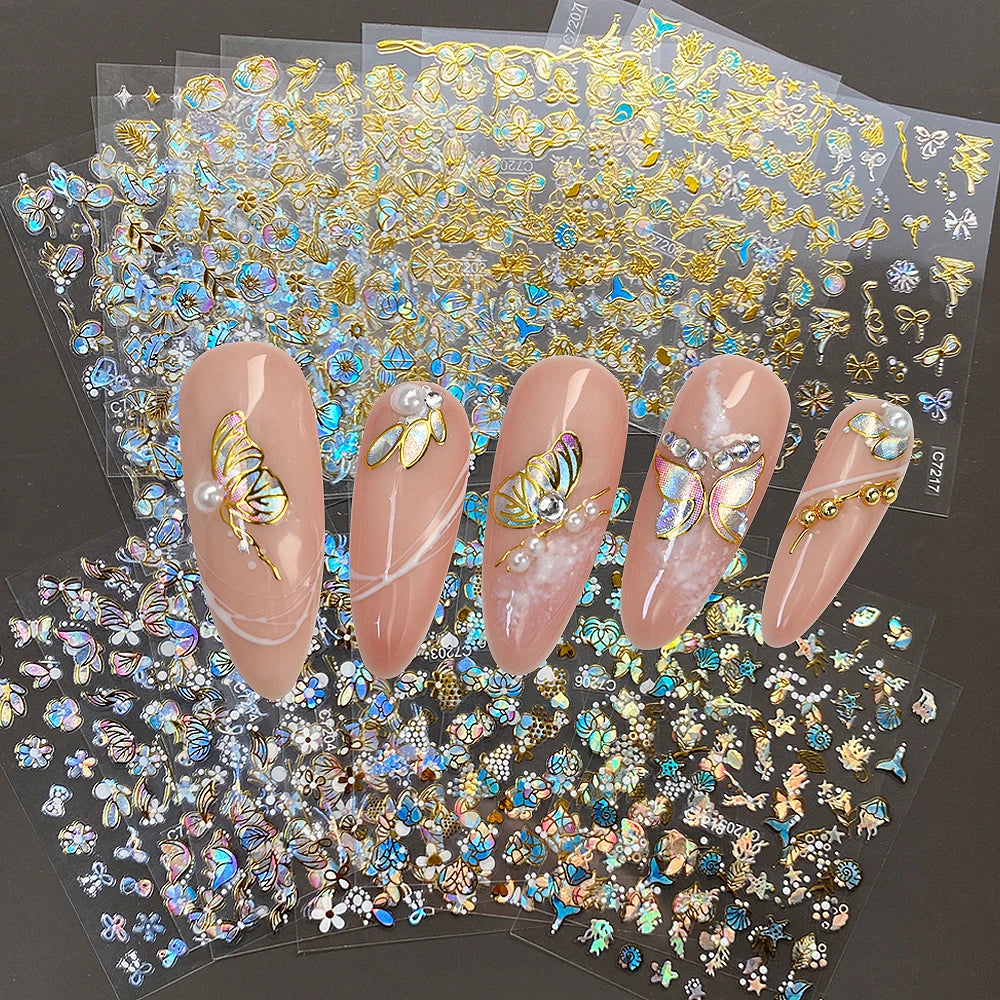 3D Colorful Flowers Cherry Blossoms Rose Daisy Nail Decals 20/30/60/70/90pcs Cute Heart Nail Sticker Manicure Decoration 5.5*6cm