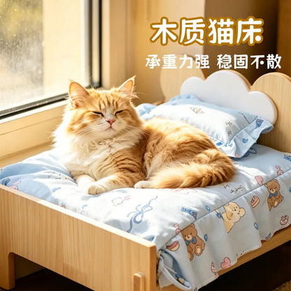 Cat Bed Wooden Cat And Dog Bed With Teddy Bear Pattern Indoor Pet Furniture Floor To Ceiling Bed Comfortable Durable