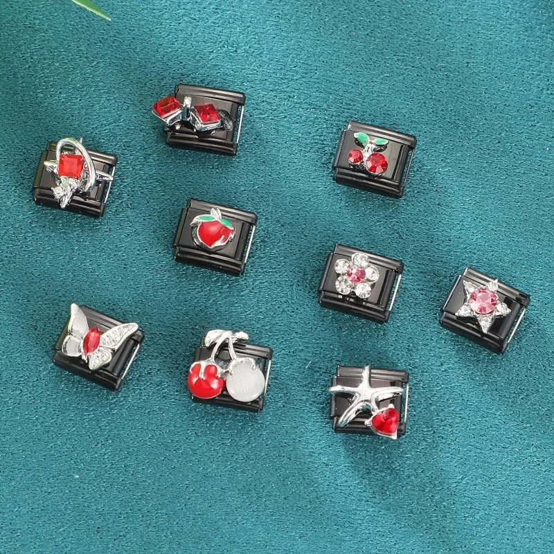 2025 New Original Black Red Stars Love Heart Bows Flower Italian Charm Link Fit 9mm Stainless Steel Jewelry DIY Making Bracelets