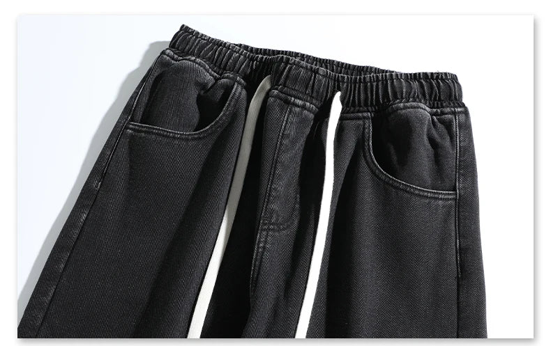 Men's Thicke Fleece Straight Jeans Winter Velvet Thermal Nostalgia Washing Denim Pants Streetwear Elastic Waist Loose Trousers