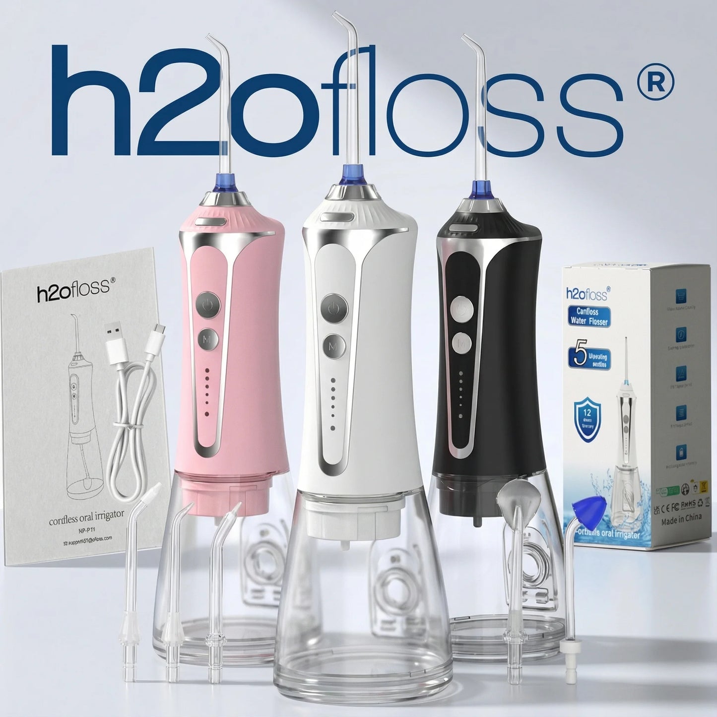 H2ofloss Oral Irrigator Water Flosser 140PSI High Pressure Water-Proof Design 300ml 5 Modes 5 Nozzles for Dental Cleaning