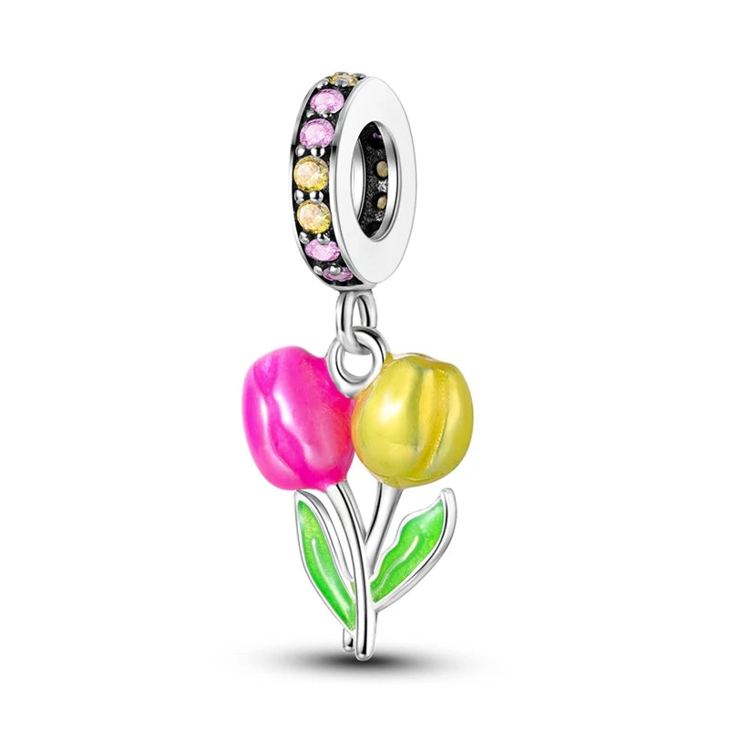 Original 925 Sterling Silver Charm Beads Clover Sunflower Tulip Carnation Pendant For Women Jewelry Fashion Gift