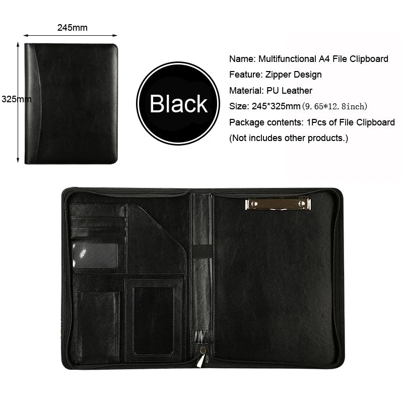 Executive Business A4 Leather Portfolio Folder Clipboard for Zippered Desk Organizer Document Briefcase Calculator for Office