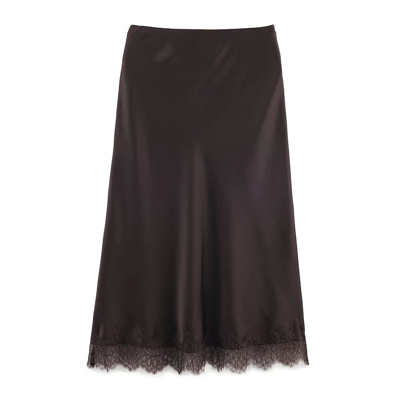 Willshela Women Fashion Solid Lace Side Hem Pleated A-Line Midi Skirt Vintage High Elastic Waist Female Chic Lady Skirts