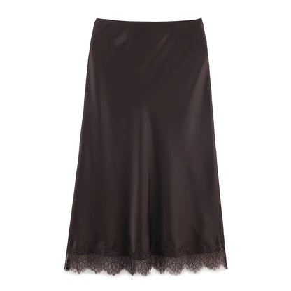 Willshela Women Fashion Solid Lace Side Hem Pleated A-Line Midi Skirt Vintage High Elastic Waist Female Chic Lady Skirts