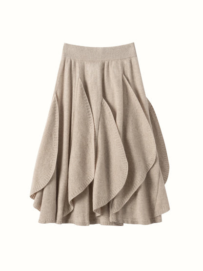 French 100% Pure Cashmere Skirt Ruffle Irregular A-line Soild Midi Sirt Autumn Winter Women Elegant Pleated  Knit Dress Fashion