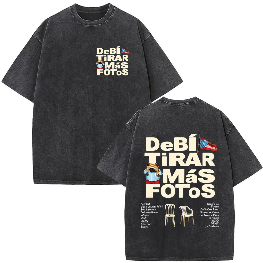 Rapper Bad Bunny Vintage Washed T Shirts Debi Tirar Mas Fotos DTMF T-shirts Men's Clothing Fashion High Quality T-shirt Couples