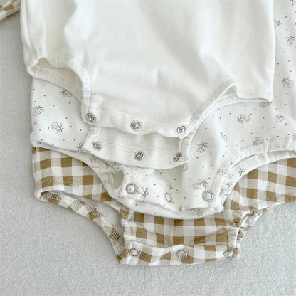 2024 New Spring Children Clothes Toddler Baby Girls Romper Long Sleeved Cotton Lattice Printing Infant Baby Girls Jumpsuit