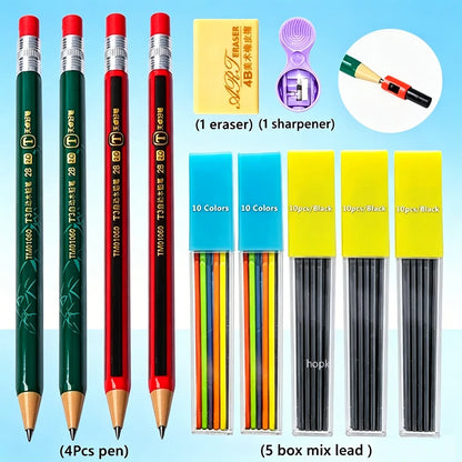 1-42Pcs Mechanical Pencils Set 2B 2.0mm Automatic Student Pencils with Sharpener Color Pencil Leads School Pens Cute Stationery