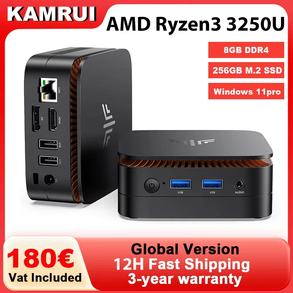 KAMRUI Mini PC AMD R3 3250U 8GB DDR4 256GB M.2 SSD Windows11Pro WiFi5 Dual 4K Display Mini Desktop Computer for Office Business