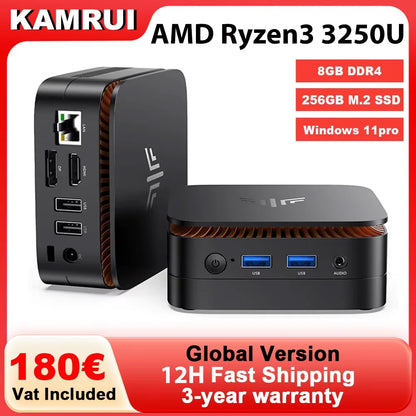 KAMRUI Mini PC AMD R3 3250U 8GB DDR4 256GB M.2 SSD Windows11Pro WiFi5 Dual 4K Display Mini Desktop Computer for Office Business