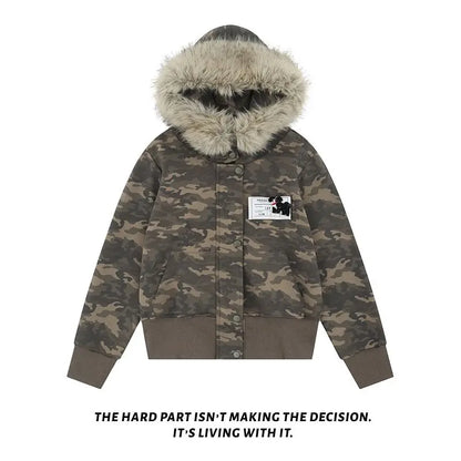 Casual Y2K Vintage Streetwear Slim Fit Winter Coat Fur Collar Hoodie Jacket American Retro Warm Outerwear Women Girls Ladies New