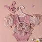 Ylsteed 2 Pieces Set Beige Newborn Photography Costume Lace Romper Bow Headband Set Baby Girl Photo Shooting Outfits