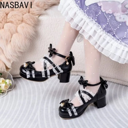 NASBAVI White Lace Bow Cosplay High Heels Women Cross Strap Buckle Platform Mary Jane Shoes Female Party Princess Lolita Pumps