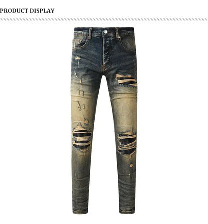 Y2k New Men's Jeans Washed Nostalgic Perforated Black Leather Patch Deep Blue Jeans High Street Designer Hip-Hop Brand High-Qual