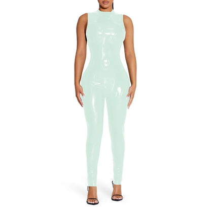 PVC Sleeveless Jumpsuit for Ladies, Wet Look, Shiny Patent Leather, O-Neck Bodycon, Tank Catsuit, Stretch Slim Rompers, Sexy