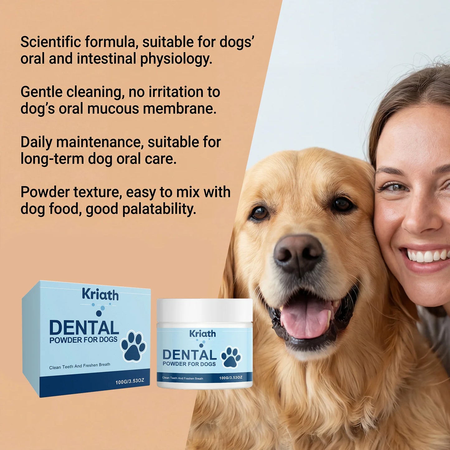 Natural Pet Oral Care Powder for Dog Teeth Cleaning to Freshen Breath and Soothe Gums with Probiotics for Gut Health Pet Clean
