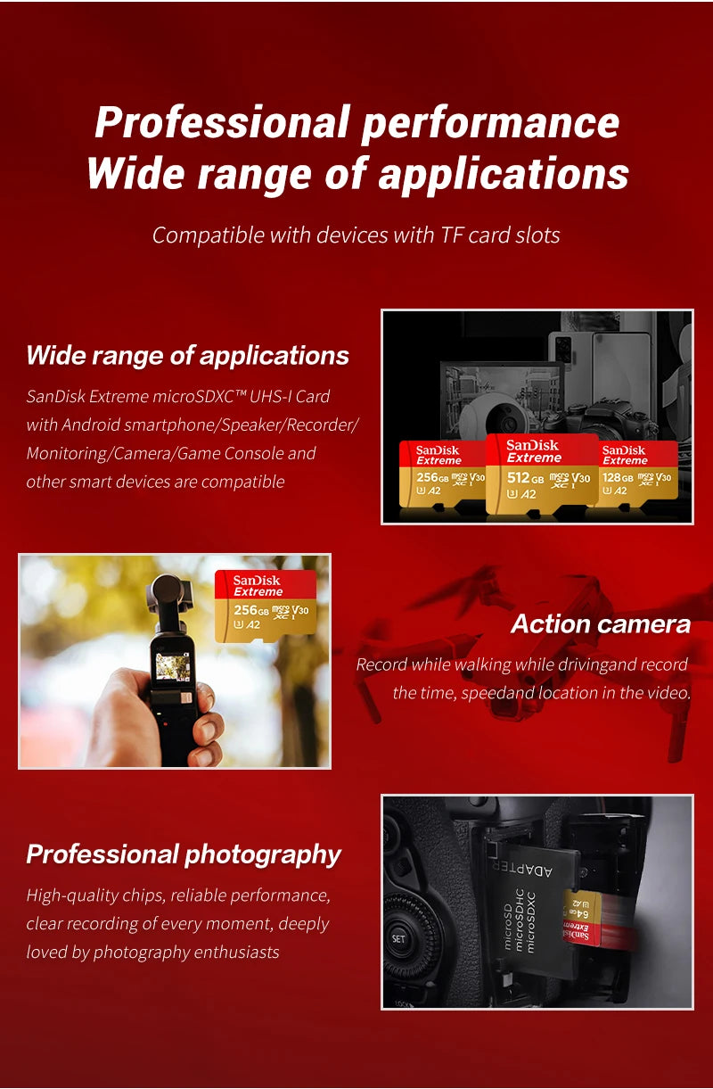 Sandisk Micro SD Card Extreme A2 A1 V30 SDXC Flash 32GB 64GB 128GB 256GB 512GB 1TB MicroSD Card 190MB/s TF Card for Phone Tablet