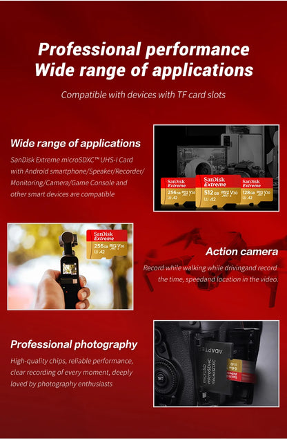 Sandisk Micro SD Card Extreme A2 A1 V30 SDXC Flash 32GB 64GB 128GB 256GB 512GB 1TB MicroSD Card 190MB/s TF Card for Phone Tablet
