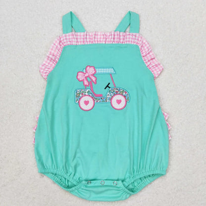 Wholesale Baby Girl Newborn Birthday Balloons Romper Bubble Embroidery Pink Plaid Bows Jumpsuit Kids Toddler Summer Clothes