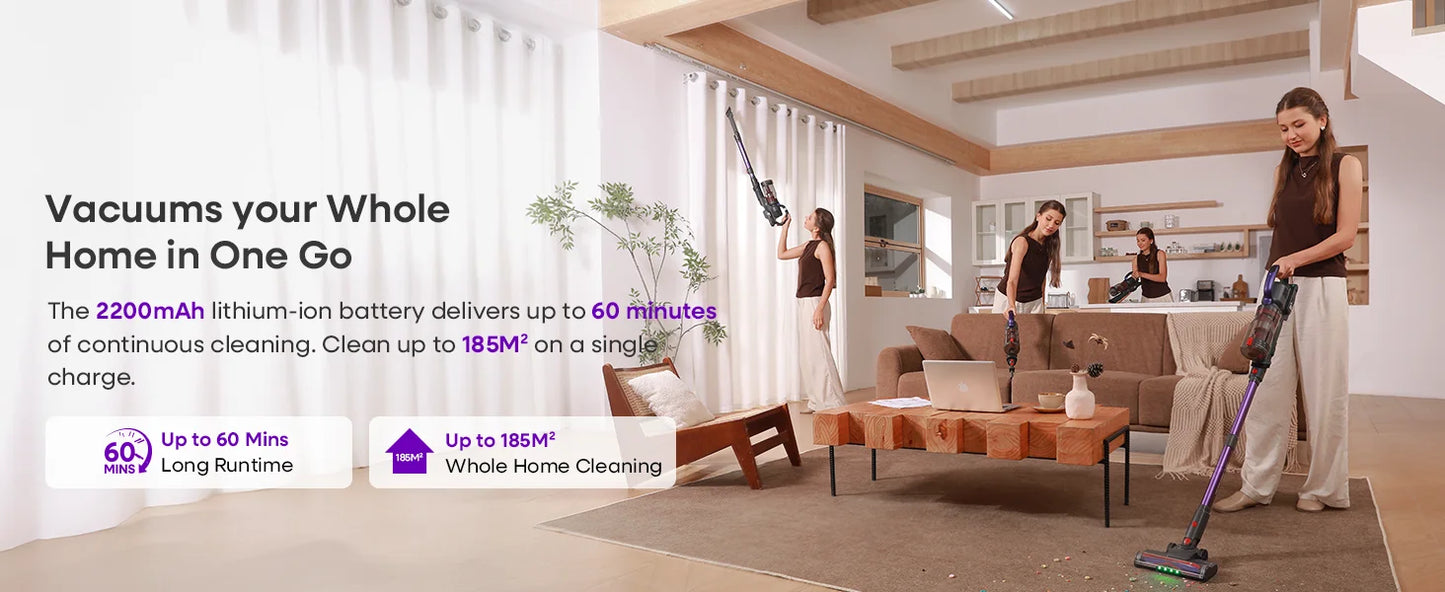 Erabros EV3 Cordless Vacuum Cleaner 500w 60Kpa Suction Power 60mins Cordless Vacuum Handheld Smart Home Dust Mug 3 Suction Model