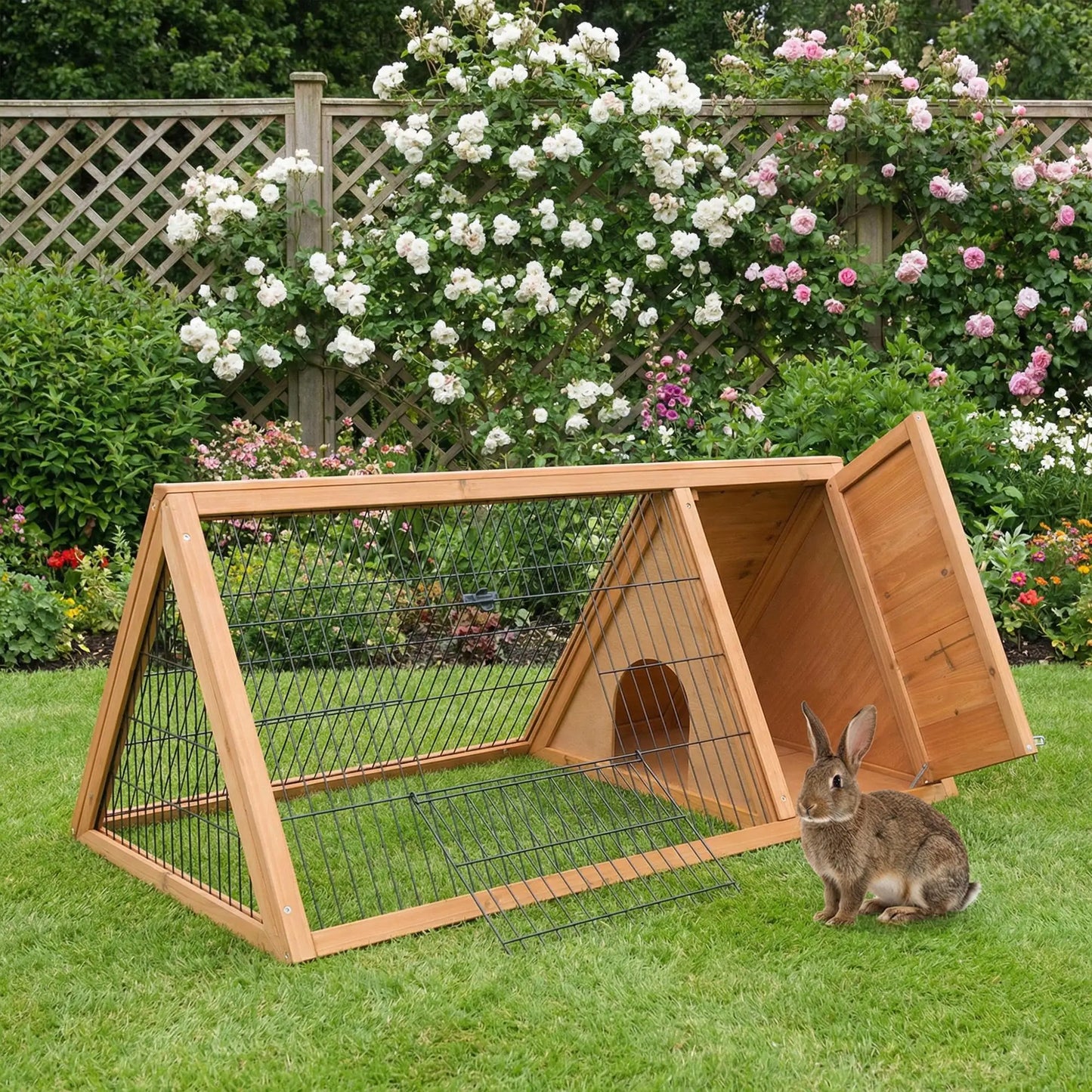 Large Rabbit cage Triangle 116x62.2x52.5 cm Metal Mesh Natural Wood with Doors for Small Animals Outdoor