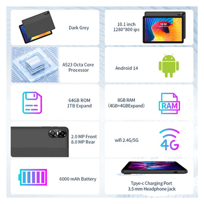 10.1" Android Tablet with Octa-core Processor 16GB(4+12GB Virtual) RAM 64GB ROM HD IPS Touchscreen, Wi-Fi 6, BT 5.0, Dual Camera