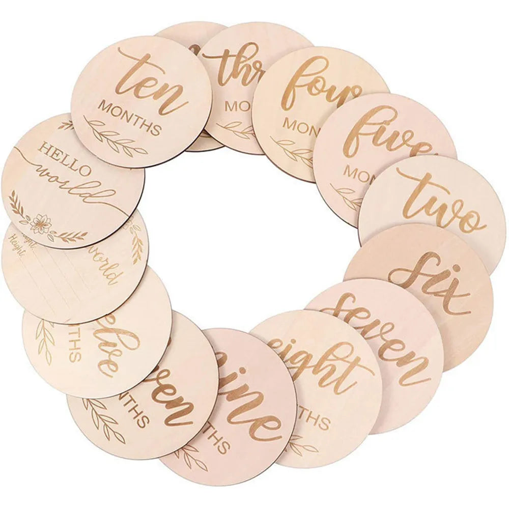 Wooden Baby Monthly Milestone Photo Cards, Double Sided Photo Prop Milestone Discs, Baby And Pregnancy Growth Announcement Cards