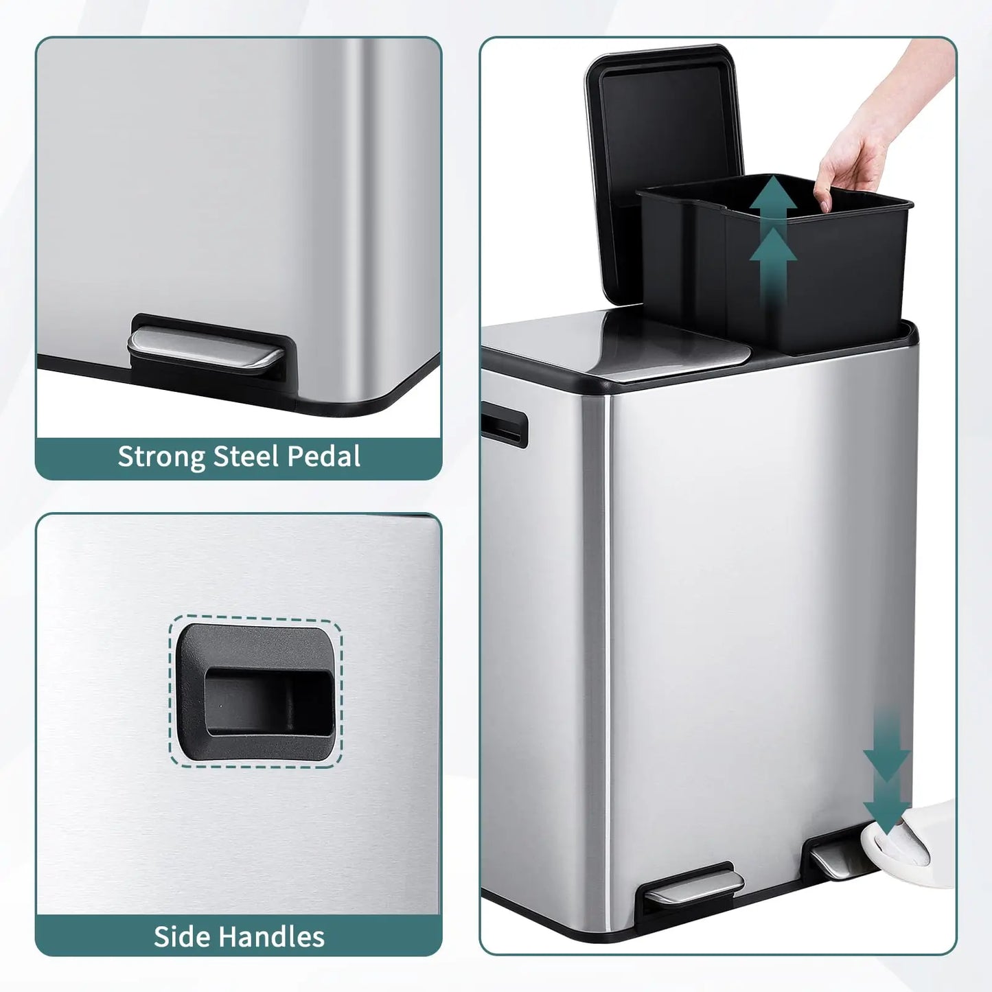 2 * 30L Stainless Steel TrashCan Dual Classification Foot Pedal Bins - Soft Close Lid/Removable Liner Buckets Recycling Solution