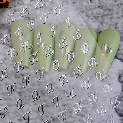 4pcs Roman Letter Nail Stickers Golden Silver Black White Alphabet Design Self Adhesive Decal English Words DIY Manicure Decor