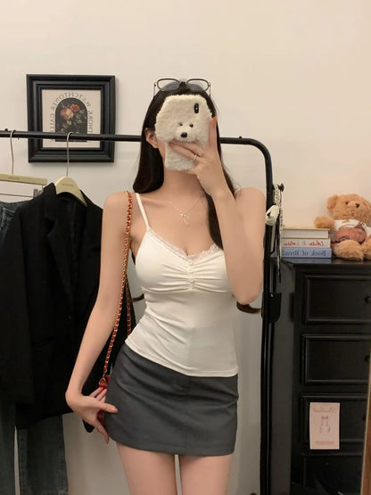 Pure Desire Sexy Lace Splice Strap Vest Women's Inner Wear Slimming Matching Top Trendy Tube Top Cotton Blend Elastic Fiber