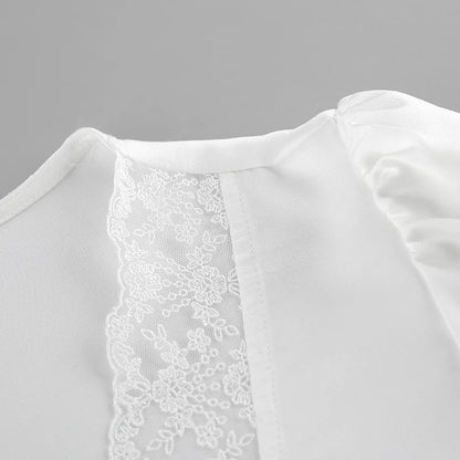 Elegant Satin Lace Patchwork Skirt Two-piece Set V Neck Short Sleeve Lace Up Tops Mini Skirts Suit 2026 New Party Daily Outfits