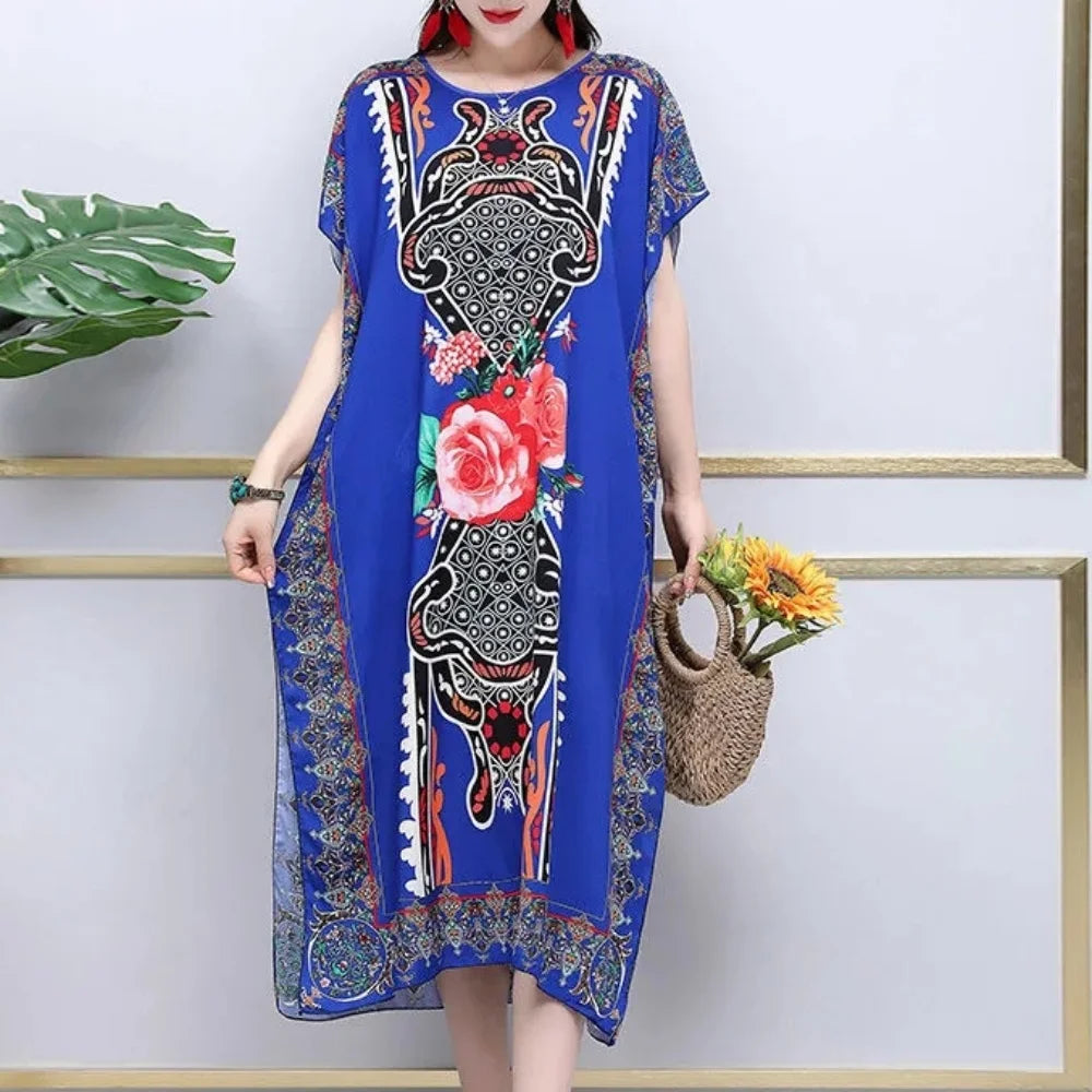 Casual Elegant Bohemian Printed Ethnic Style Retro Floral Woman Summer Street Wear Batwing Sleeve Loose Tunic Maternity Dress