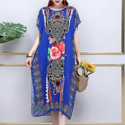 Casual Elegant Bohemian Printed Ethnic Style Retro Floral Woman Summer Street Wear Batwing Sleeve Loose Tunic Maternity Dress