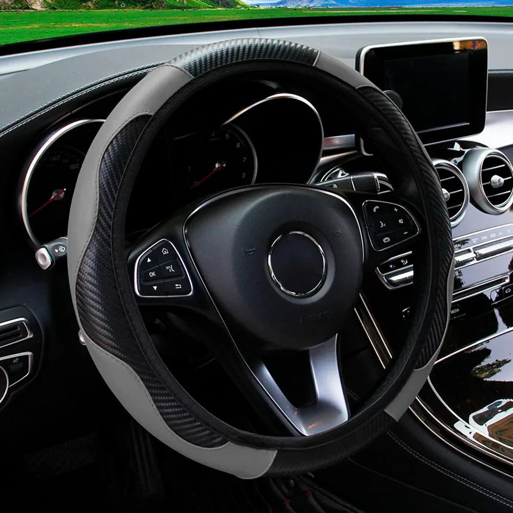 Carbon fiber PU leather car steering wheel cover without inner ring suitable for 14.5-15 inch car wheel covers