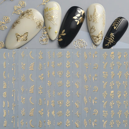12Pcs 3D Gold Exquisite Flower Leaf Nail Art Stickers Metallic Floral Leaves Self-Adhesive Nail Decals DIY Retro Manicure Decor
